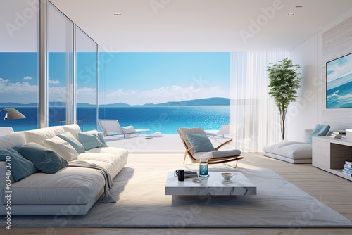 modern beach house or apartment interior with bright living room and sea view. © 2rogan