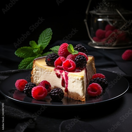Food bakery bake photography - Cheesecake with raspberry berries on plate, on dark table, black background | Generative AI