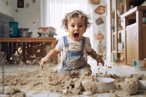 a playful hyperactive cute white toddler child misbehaving and making a huge mess in a kitchen, throwing around things, sand and food. Studio light photo