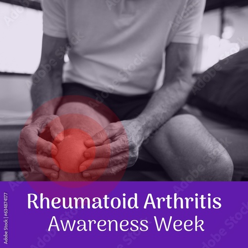 Composition of rheumatoid arthritis awareness week text over senior caucasian man holding knee
