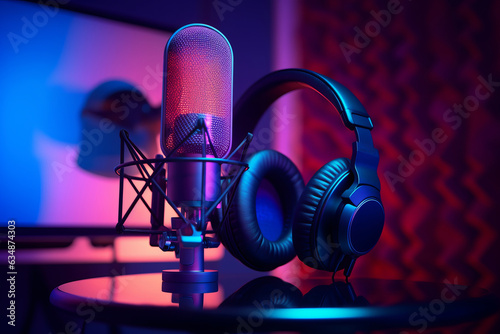 Fotografering A close-up of a microphone and headphones for podcasting or ASMR sounds on black stand in a neon led lighting, cyan and magenta, in a sound recording studio