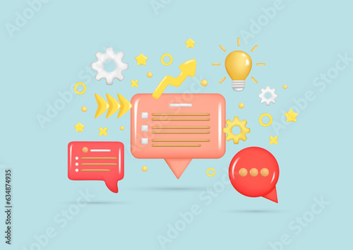 Set of realistic 3d pink speech bubble, message button, chat box with talk speech notification, light bulb, arrow, settings icon. Dialogue 3d icon, speak bubble symbol. Glossy vector illustration