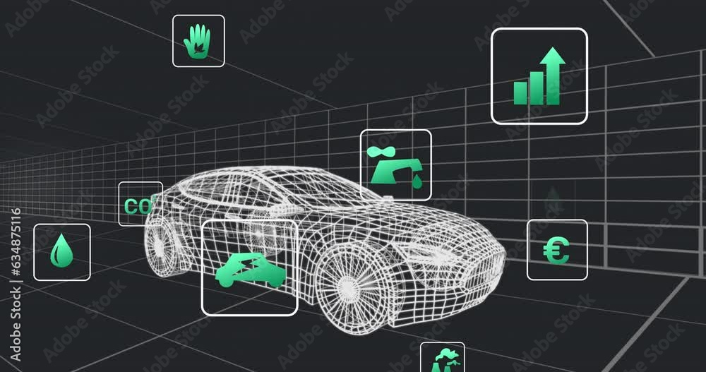 Animation of network of eco icons over 3d car drawing Animation of network of eco icons over 3d car drawing