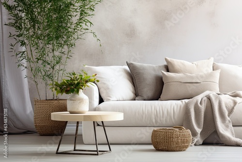 Modern home decor with a design sofa, marble side table, plant, pillow, blanket, book, and personal accessories in a stylish living room at a fancy home. Template. Copy space. © 2rogan