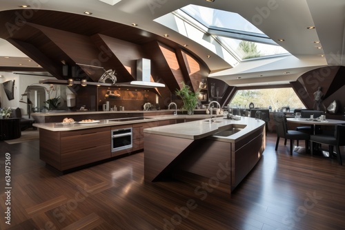 Modern brown kitchen with built in features and island, incorporating personal style and geometric design.
