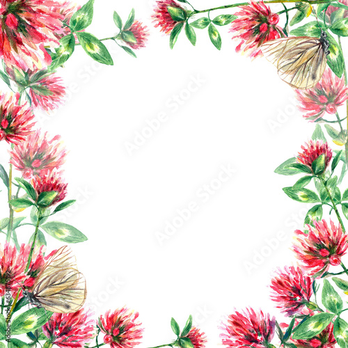 Square frame of clover flowers and butterflies. Watercolor illustration of frame isolated on white background. Greeting cards, wedding invitations.