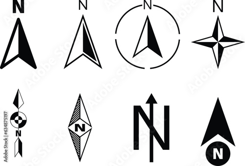 North arrow icon set. GPS north pointer for navigation signs. Compass north arrow.