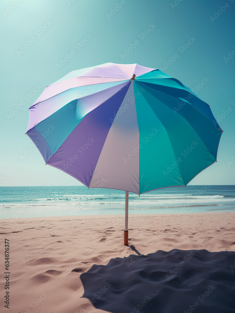 Close-up of sun umbrella at the beach, ultra minimalistic, colour blocking, light blue and purple colors