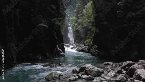 Waterfall and river in the mountain in Odaicho, Mie Japan by drone