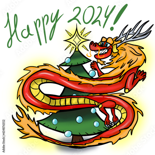 drawing of a eastern dragon, symbol,sign of 2024 year.Hand drawn,doodle,cartoon style. Asia, Asian, animal, holiday, celebration, happy, new year. Cristmas tree,green,red,yellow,orange,colour.