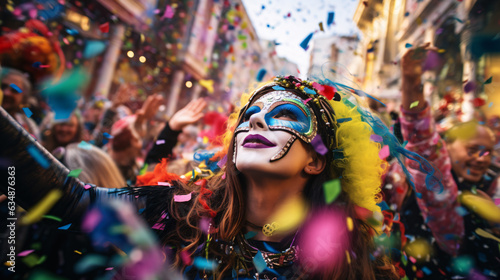 Fotografiet Lively Mardi Gras scene with masked revelers dancing amid floating confetti and