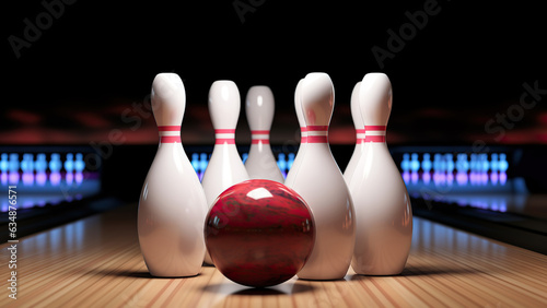 Picture of bowling ball hitting pins scoring a strike. Bowling background. Bowling 3D 