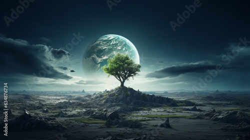 landscape with last leftover tree and clouds with no other trees or green plants in a post apocalyptic world of earth
