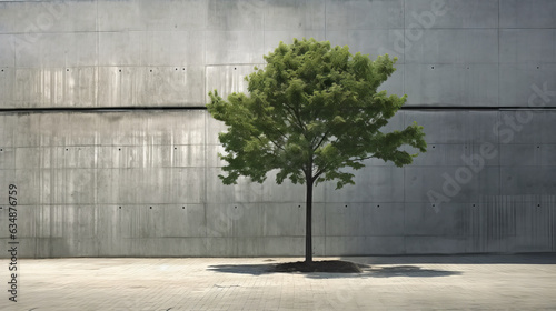 Lone single tree in a modern city full of concrete and dry futuristic earth with no green shows climate and architektural change
