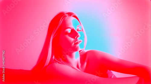 Fashion shoot of model dark red risograph futuristic Kodak aerochrome