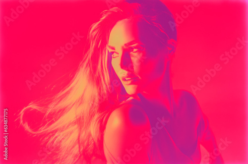 Fashion shoot of model dark red risograph futuristic Kodak aerochrome