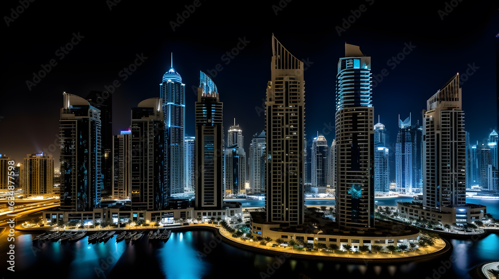 Naklejka premium Downtown cityscape by night, glowing lights - generative AI