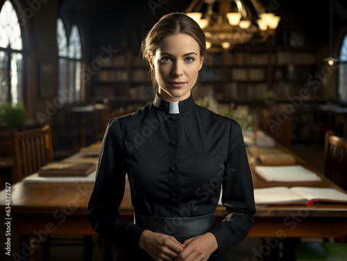 Young woman priest in church