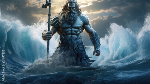 Godly Encounter: Poseidon Illustrated in Turbulent Shoreline Setting