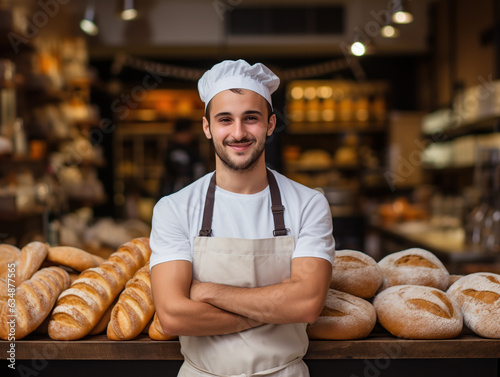 Fototapeta Male baker in uniform in his bakery, showcase with fresh bread