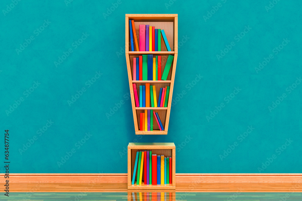 Exclamation mark as bookshelf with books in the room near wall, 3D rendering Exclamation mark as bookshelf with books in the room near wall, 3D rendering
