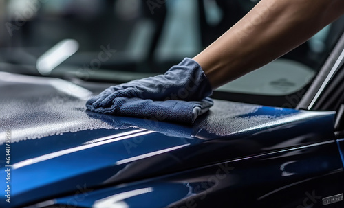 A person cleaning a car with a microfiber cloth