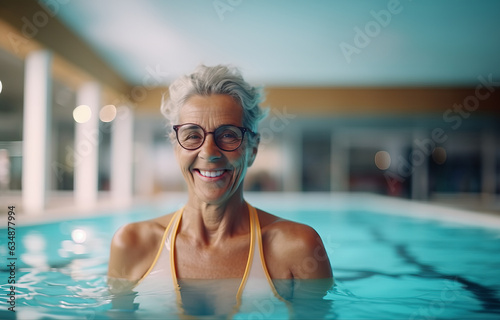 A elderly woman wearing glasses in a swimming pool © Nedrofly