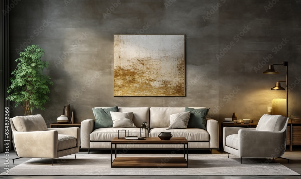 Modern interior design of living room with concrete wall