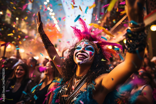 Fotografie, Tablou Lively Mardi Gras scene with masked revelers dancing amid floating confetti and