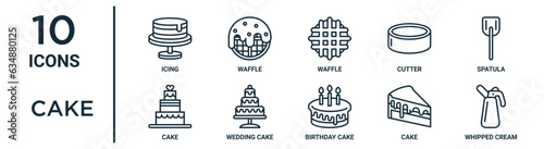 cake outline icon set such as thin line icing, waffle, spatula, wedding cake, cake, whipped cream, icons for report, presentation, diagram, web design