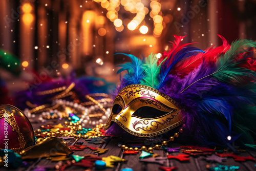 Fotografia Lively Mardi Gras scene with masked revelers dancing amid floating confetti and