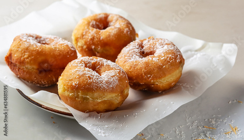 Fotografia Deep-fried doughnuts filled with coconut custard cream on white baking paper on