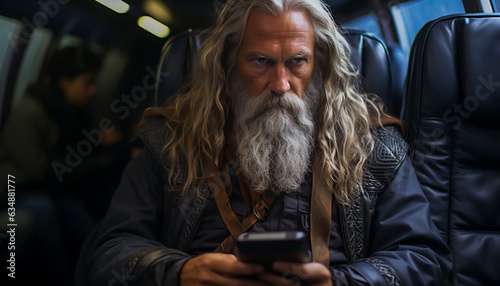 Old sorcerer type man, with long grey hair and bard, sitting in an train and looking at his smartphone, ai generated 