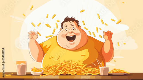 AI generated, vector illustration, flat illustration, no color gradient, caricature illustration, fat man eating french fries on white background, copy space is available.