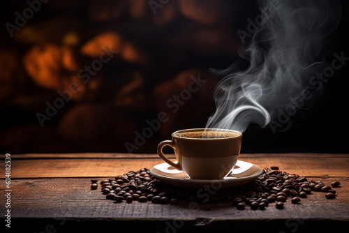 coffee cup with steam surrounded by coffee beans. High quality photo