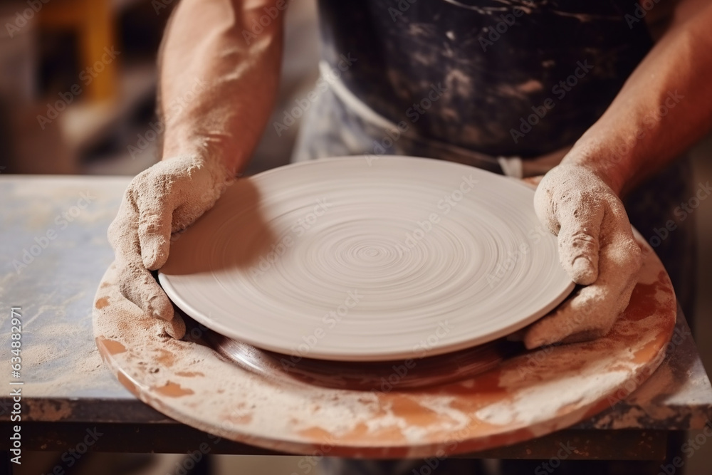 The potter makes a clay plate. hands holding a plate. The potter makes a clay plate. hands holding a plate.