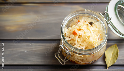 Homemade sauerkraut with cumin in a glass jar