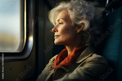 woman looking out window. beautiful adult confident woman rides on a train. old dreaming woman in the bus. pensioner. journey. vacation. travel.