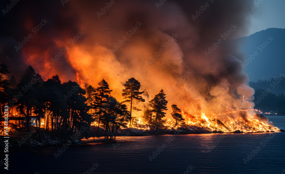 A photo of a wildfire on the island. Generative AI