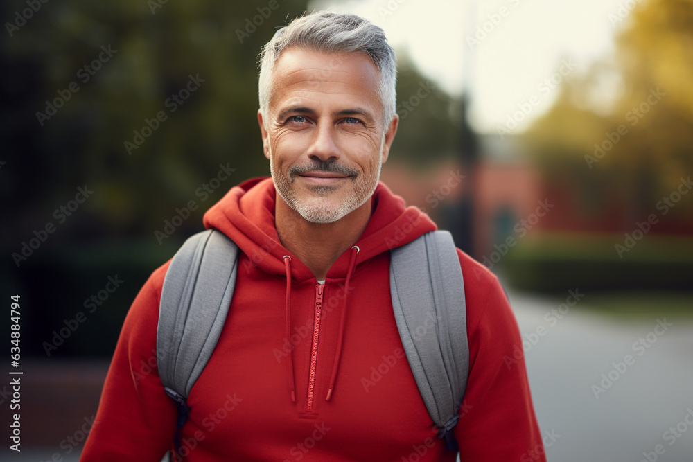 adult middle-aged man in a red jacket. autumn time. traveler with backpack.coach. occupation on the street. handsome man in the park