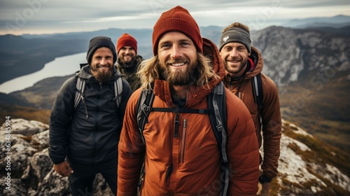 A man group of hikers posing at a mountain summit photo