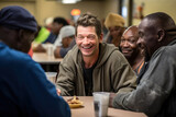 Positive homeless white man sits at a table in a bustling homeless shelter dining hall, surrounded by other individuals