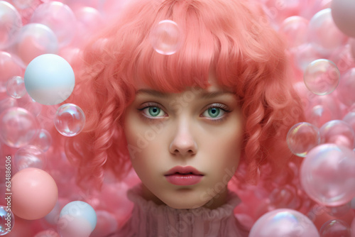 Close up portrait of a woman with pink hair and blue eyes, pink bubble gum balloons background