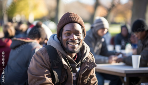 Positive black homeless man sits at a table in after having a free lunch, surrounded by other individuals