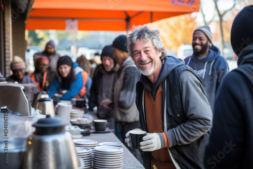 Fotografia Positive homeless white man standing at the table in a street dining hall, surro