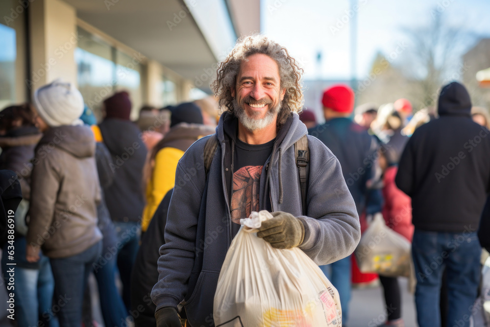 Fototapeta premium Positive homeless white man stands on the street with plastic bag and waits for his turn at the help center for the homeless