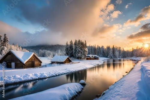 beautiful winter house with the lake and forest and trees and the roof of house covered with snow beautiful landscape, as concept of winter coming. 4k HD Ultra High quality photo.