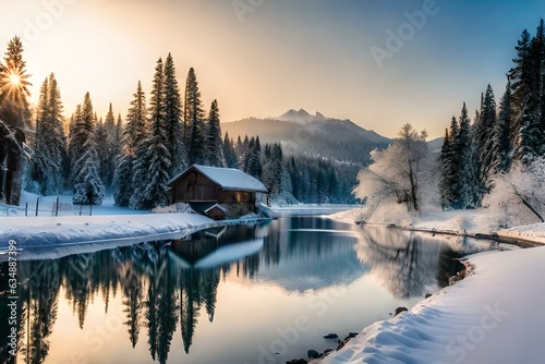 beautiful winter house with the lake and forest and trees  and the roof of house covered with snow beautiful landscape, as concept of winter coming. 4k HD Ultra High quality photo. © Tae-Wan