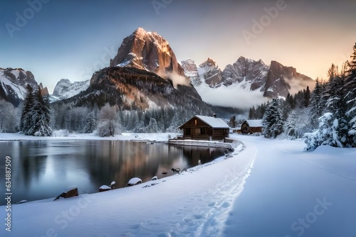 beautiful winter house with the lake and forest and trees  and the roof of house covered with snow beautiful landscape  as concept of winter coming. 4k HD Ultra High quality photo.