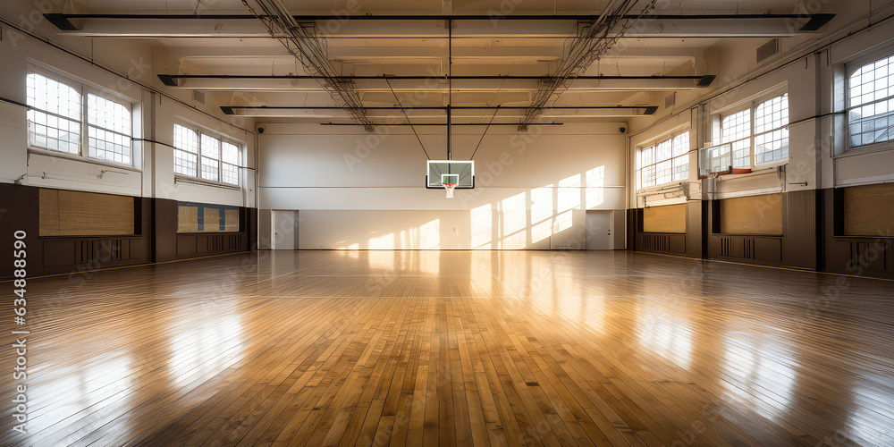 Empty Indoor basketball court. Horizontal panoramic wallpaper with copy